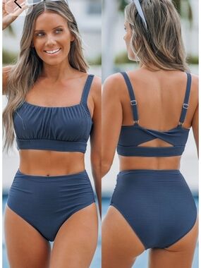 CUPSHE High-Waist Ribbed Bikini Set - Navy SIZE SMALL